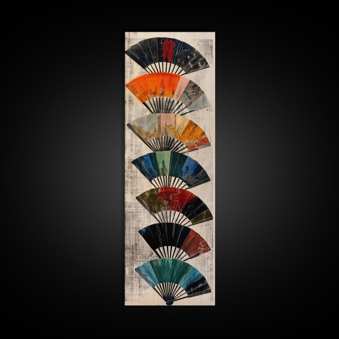 Seven Japanese Fans In Various Colors Arranged Vertically On A Textured Background, Skinny Art Tall Wall Art Framed Canvas Print Japanese Style Art