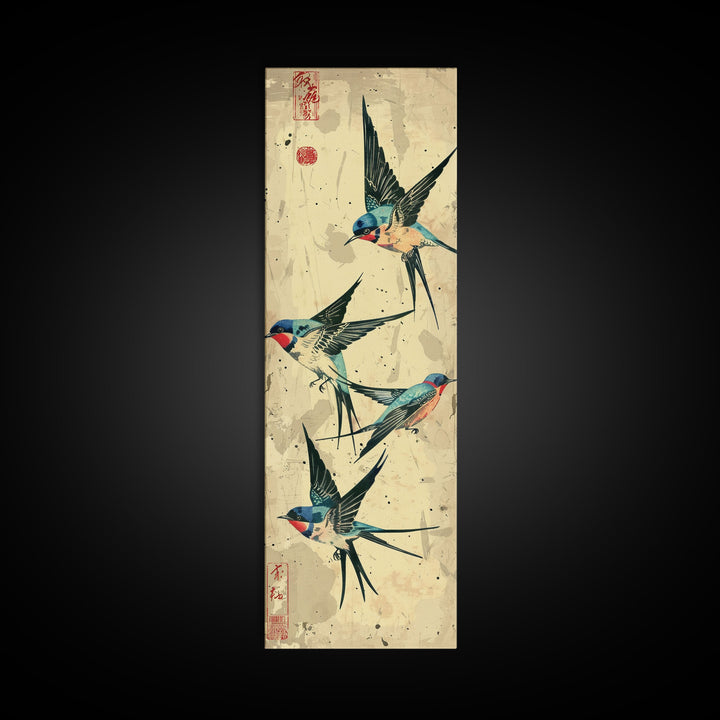 Trio Of Swallows In Flight Against A Vintage Beige Background, Skinny Art Tall Wall Art Framed Canvas Print Japanese Style Art
