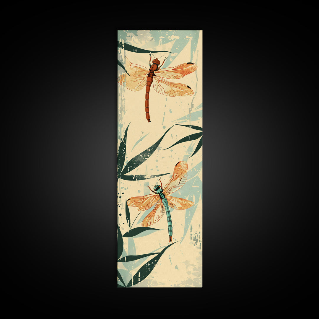 Two Dragonflies With Detailed Wings Hovering Near Bamboo, Skinny Art Tall Wall Art Framed Canvas Print Japanese Style Art
