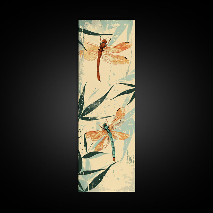 Two Dragonflies With Detailed Wings Hovering Near Bamboo, Skinny Art Tall Wall Art Framed Canvas Print Japanese Style Art