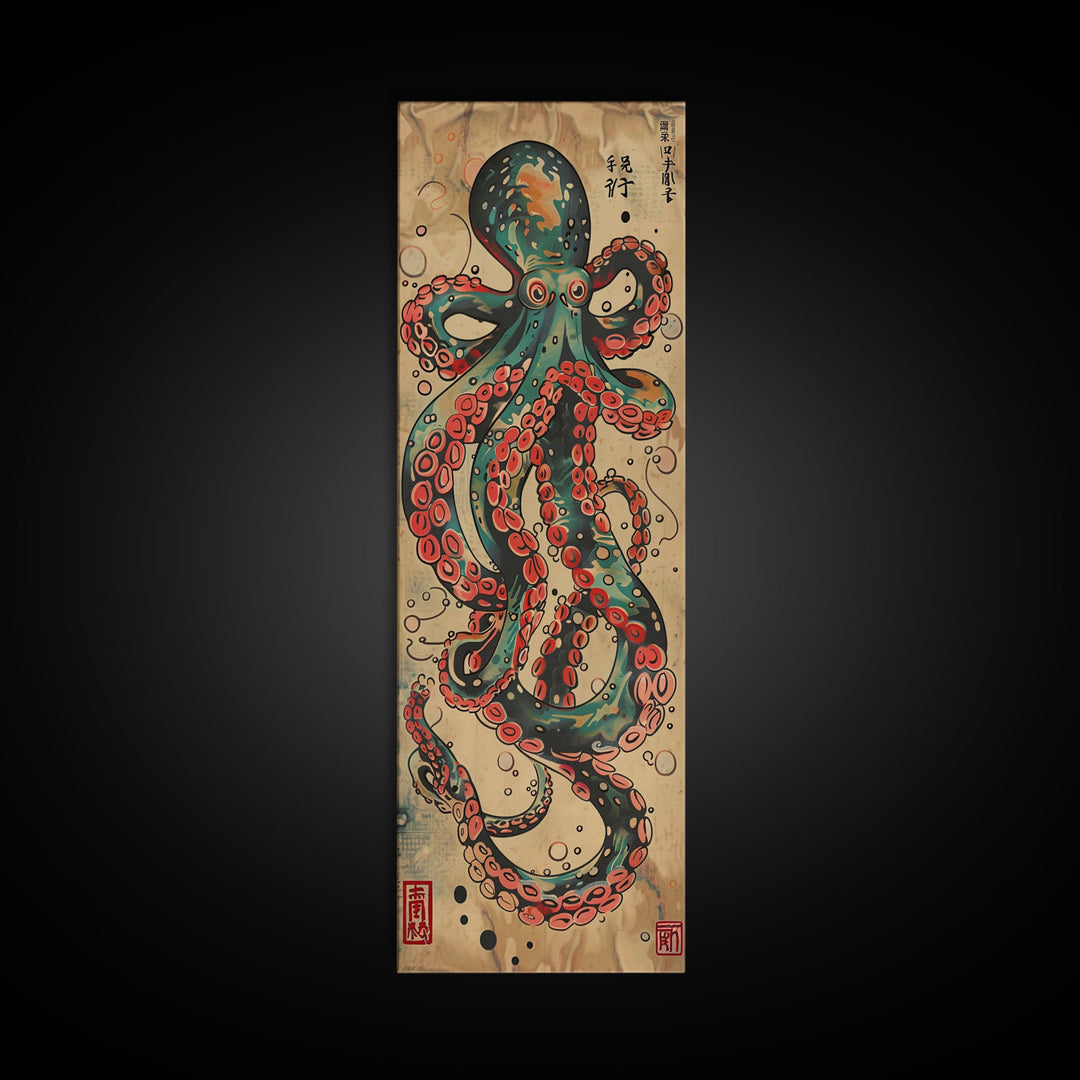 Vintage Canvas Print With Vibrant Octopus Design Ukiyo-e Wall Art Wood Block Print Tall Art Japanese Style Skinny Art