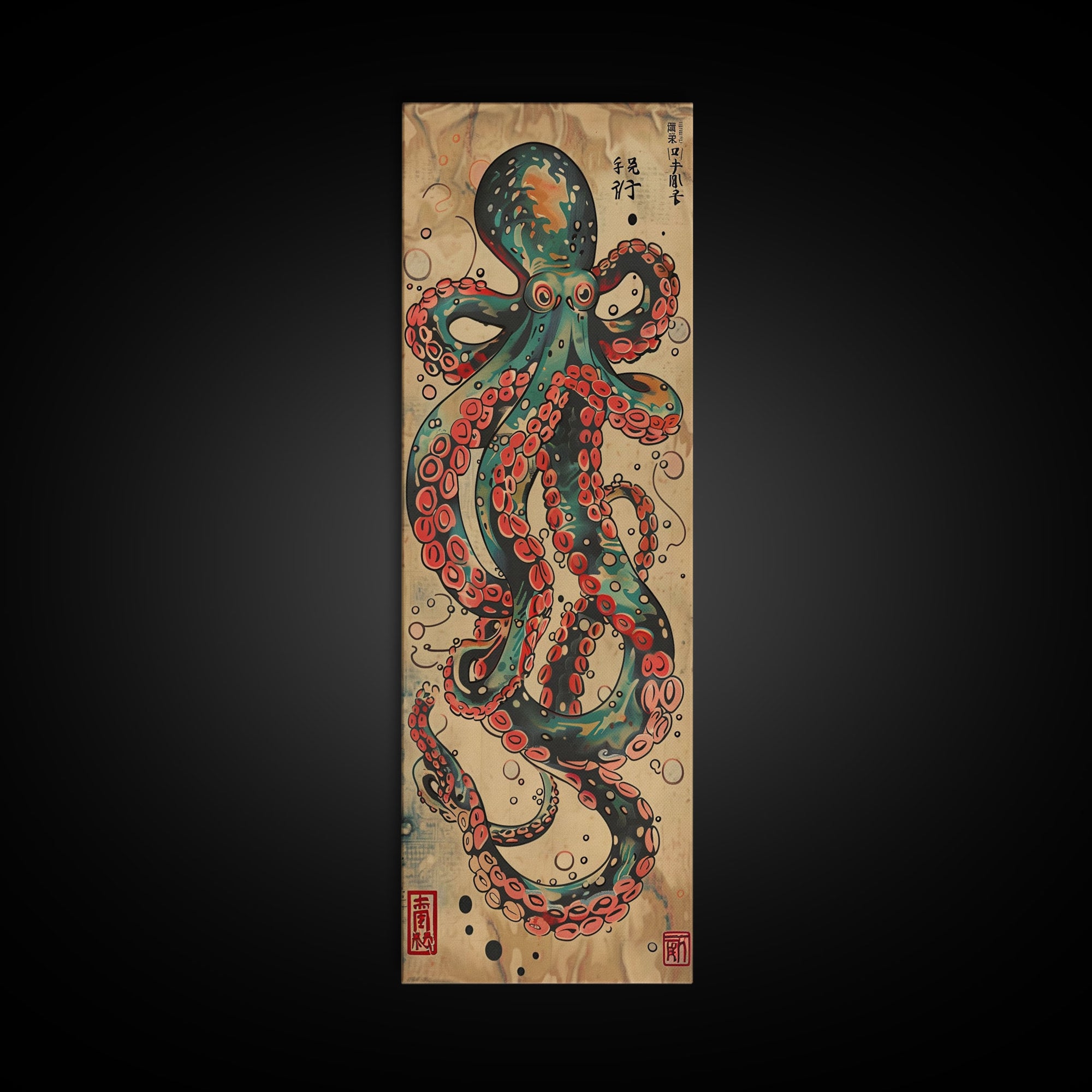 Vintage Canvas Print With Vibrant Octopus Design Ukiyo-e Wall Art Wood Block Print Tall Art Japanese Style Skinny Art
