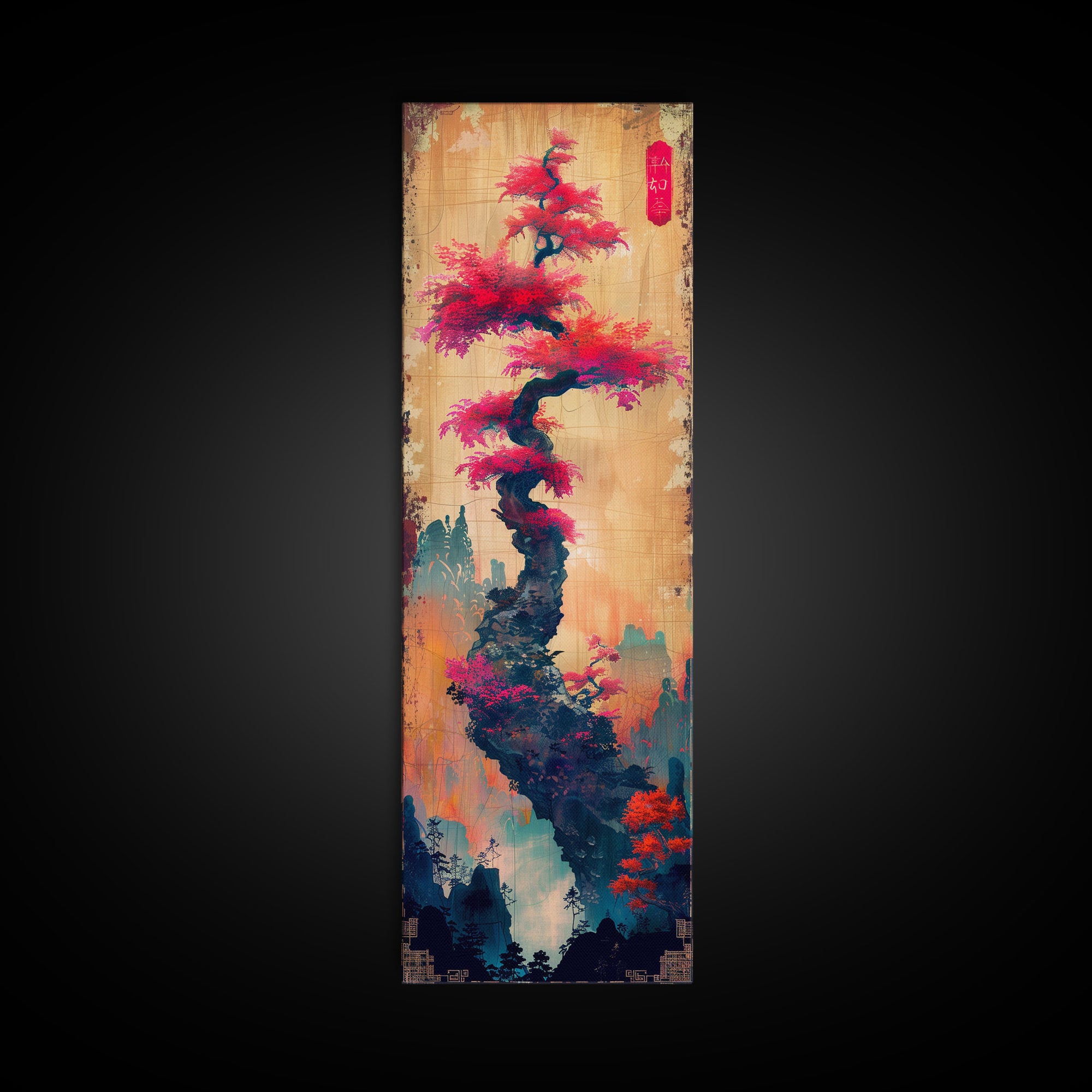 Bonsai Tree With Red Leaves On Gradient Background Wood Block Print Ukiyo-e Wall Art Tall Art Skinny Art Japanese Style