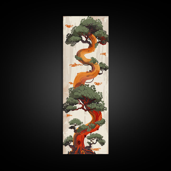 Curved Tree With Green Foliage Ukiyo-e Art Japanese Style Framed Canvas Print Wood Block Print Skinny Art Tall Art