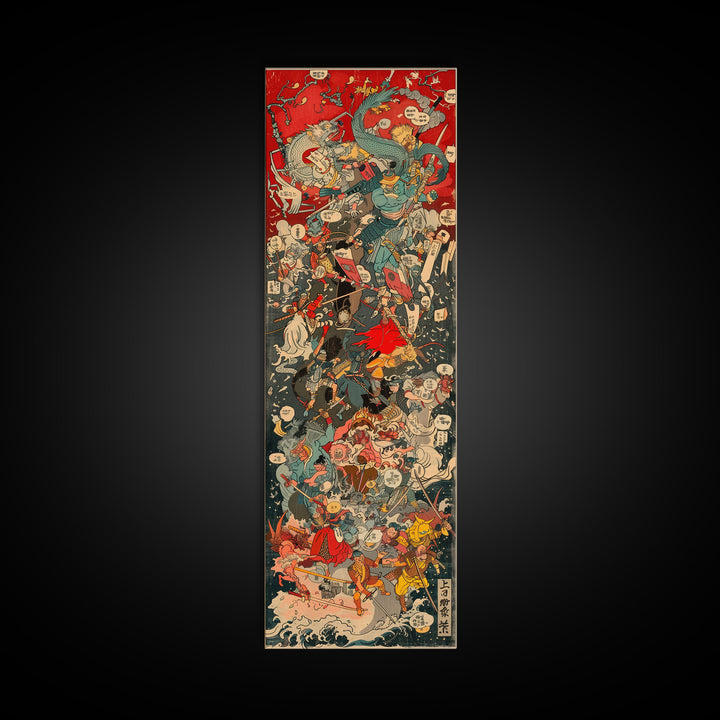 Complex Samurai Battle Scene With Mythical Creatures Framed Canvas Print Ukiyo-e Wall Art Wood Block Print Tall Art Japanese Style Skinny Art