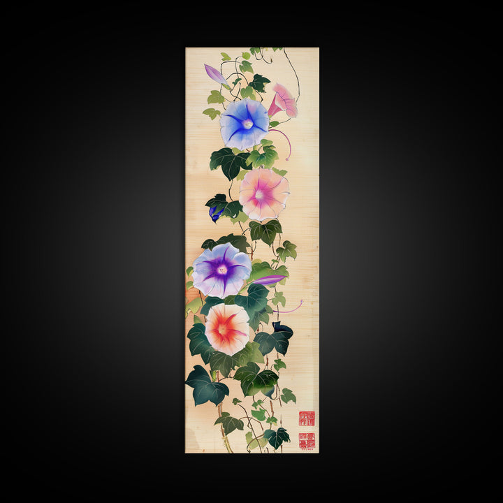 Morning Glories On Wooden Background Ukiyo-e Wall Art Framed Canvas Print Japanese Style Skinny Art Wood Block Print Tall Art