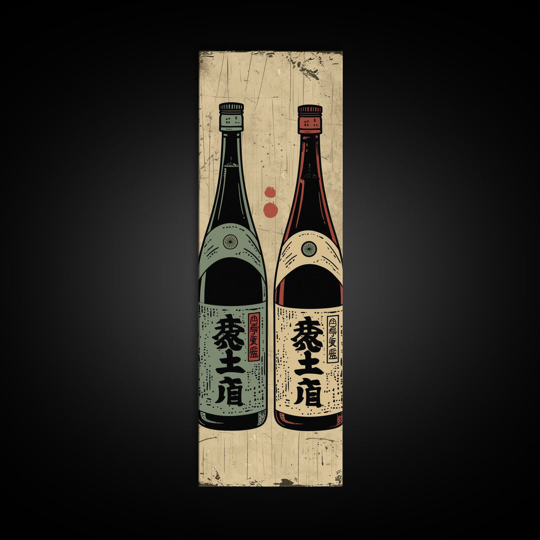 Canvas Print Japanese Sake Bottles Retro Design With Rustic Feel, Kitchen Or Dining Area Wall Art, Unique Vintage Style