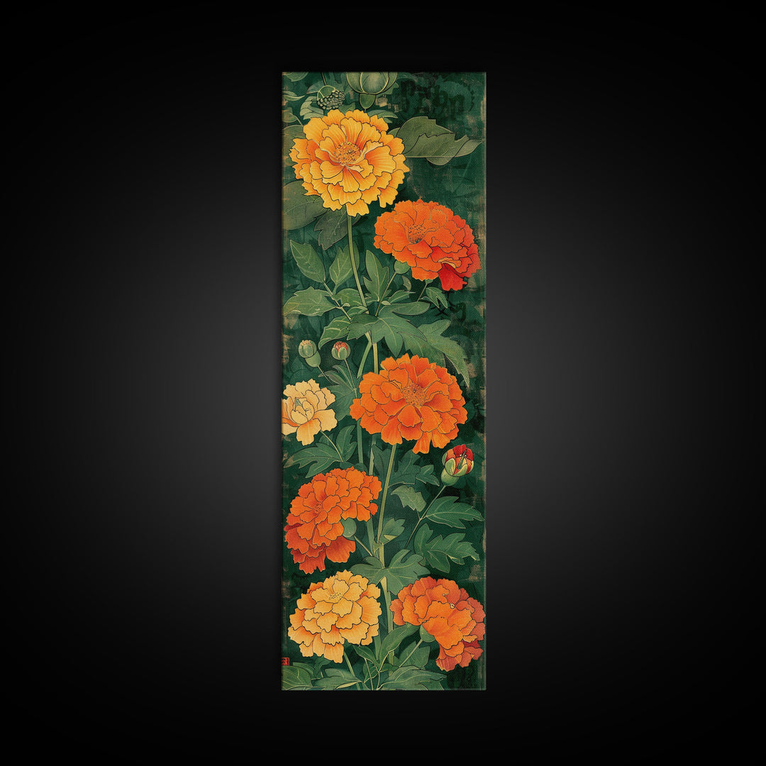 Delicate Pastel Flowers on Tall Stems Framed Canvas Print - Japanese Art Skinny Wall Décor