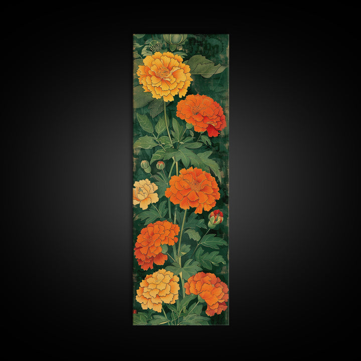 Delicate Pastel Flowers on Tall Stems Framed Canvas Print - Japanese Art Skinny Wall Décor