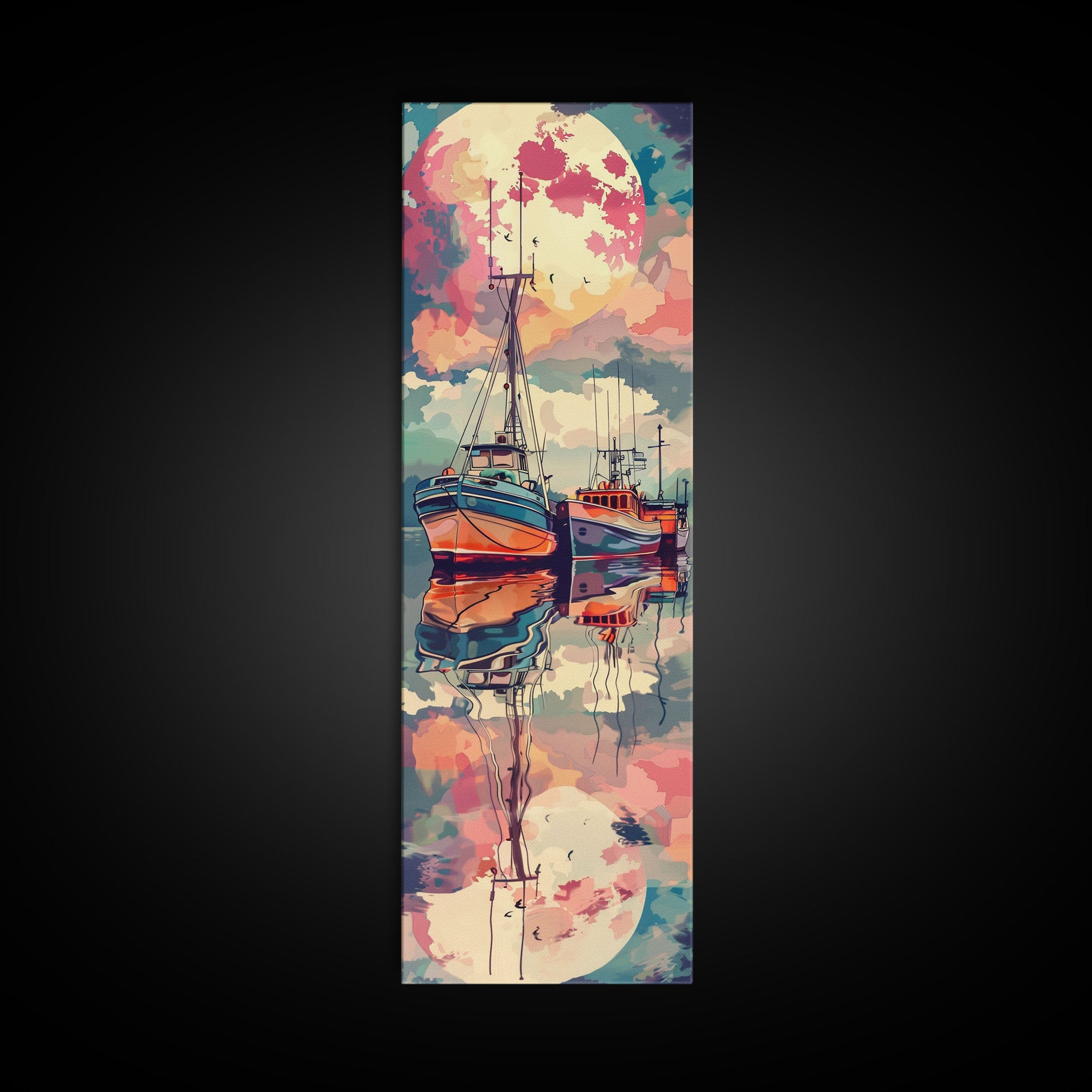 Canvas Print Colorful Fishing Boats Under Full Moon, Vibrant Coastal Scene For Nautical-Themed Home Decor, Wall Decoration