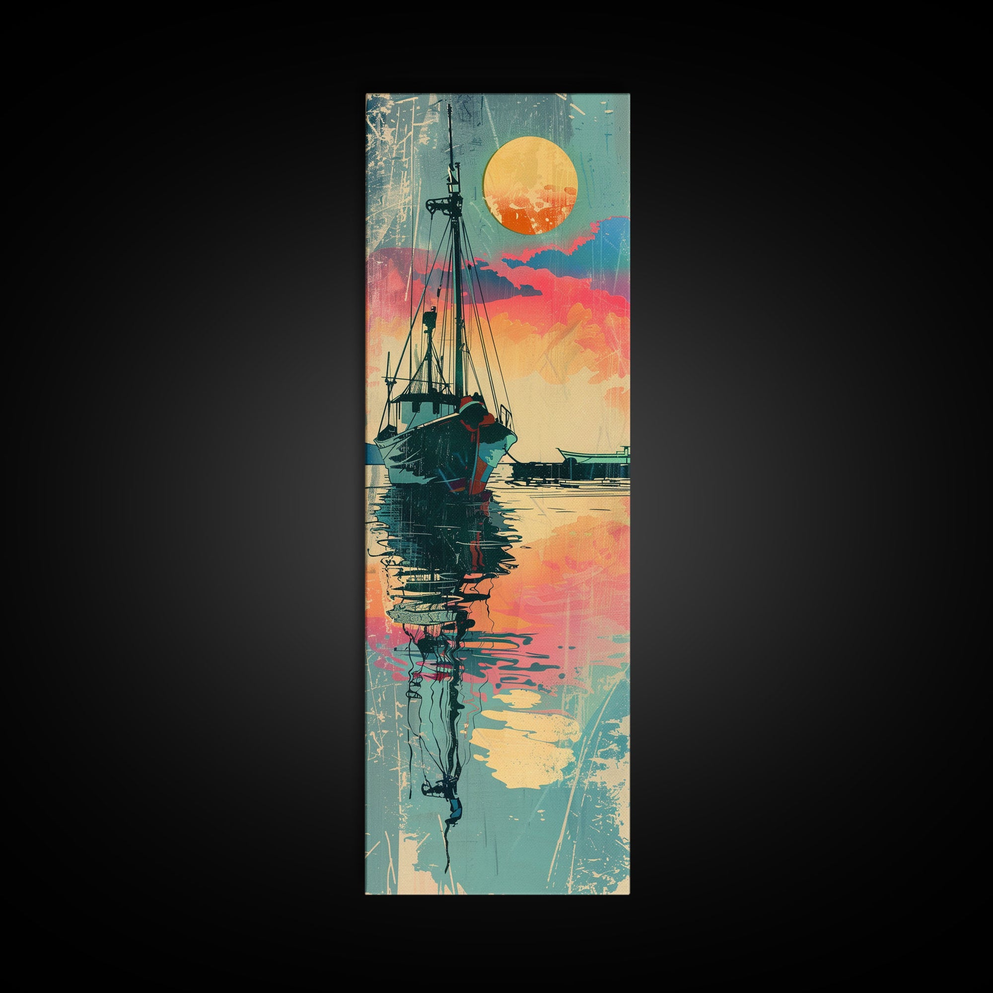 Fishing Boat Reflecting in Water with Vibrant Sunset, Japanese Art-Inspired Tall Framed Canvas Print for Wall Art