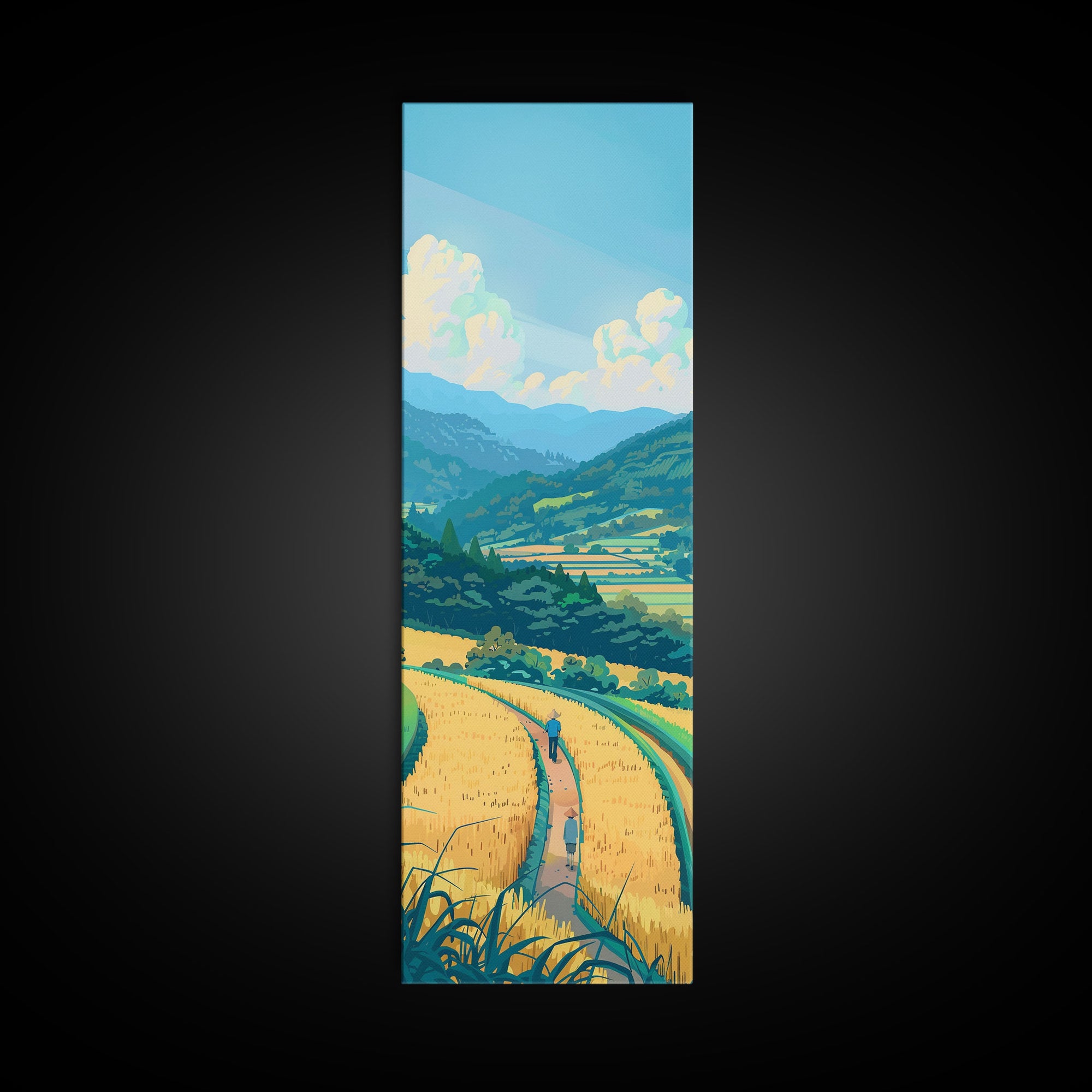 Scenic Countryside Pathway with Fields and Mountains, Skinny Framed Canvas Print for Wall Decor