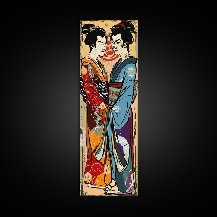 Japanese Couple in Traditional Kimono, Tall Skinny Framed Canvas Print for Wall Art