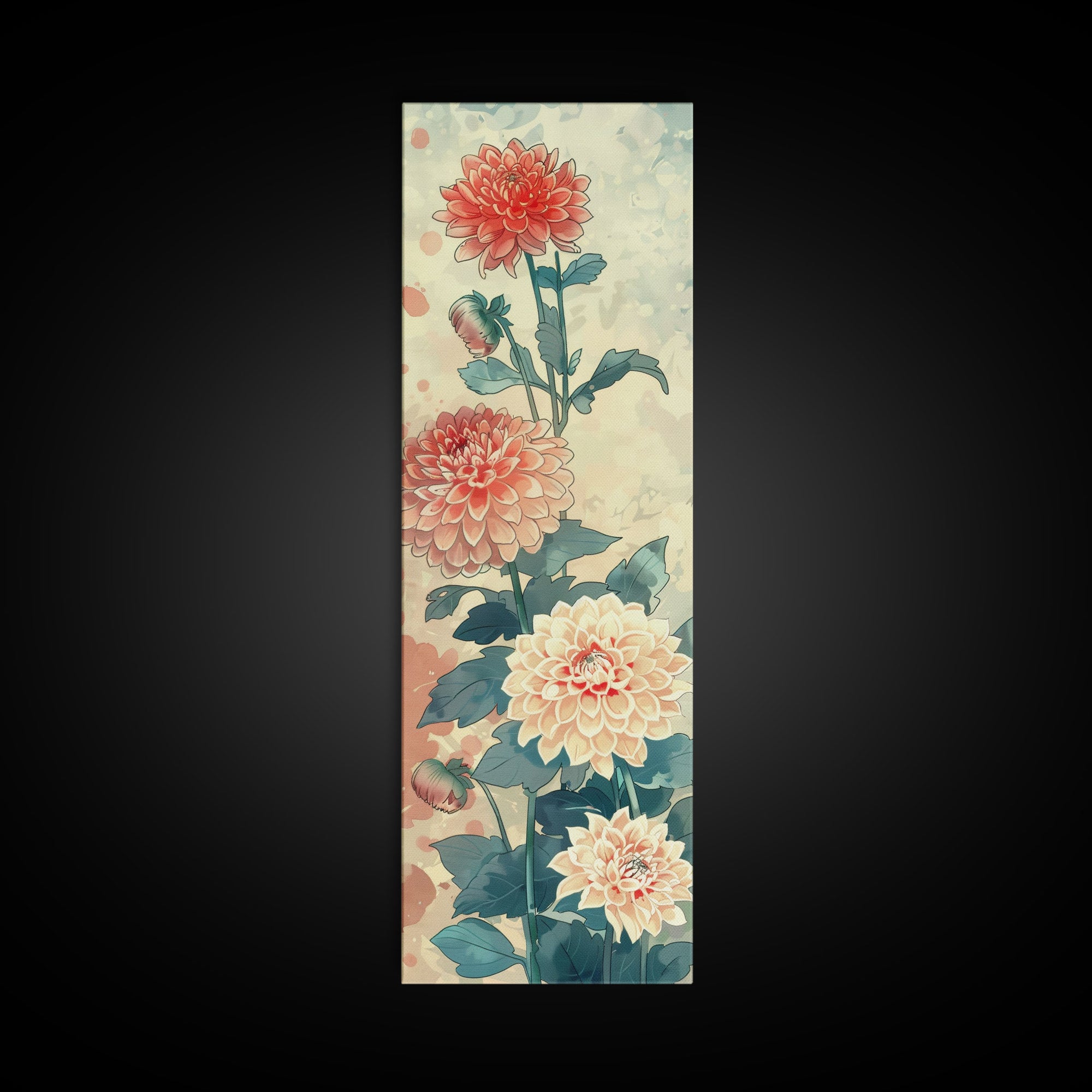 Chrysanthemums in Soft Pastel Tones on Tall Skinny Framed Canvas Print, Japanese Art Wall Decor