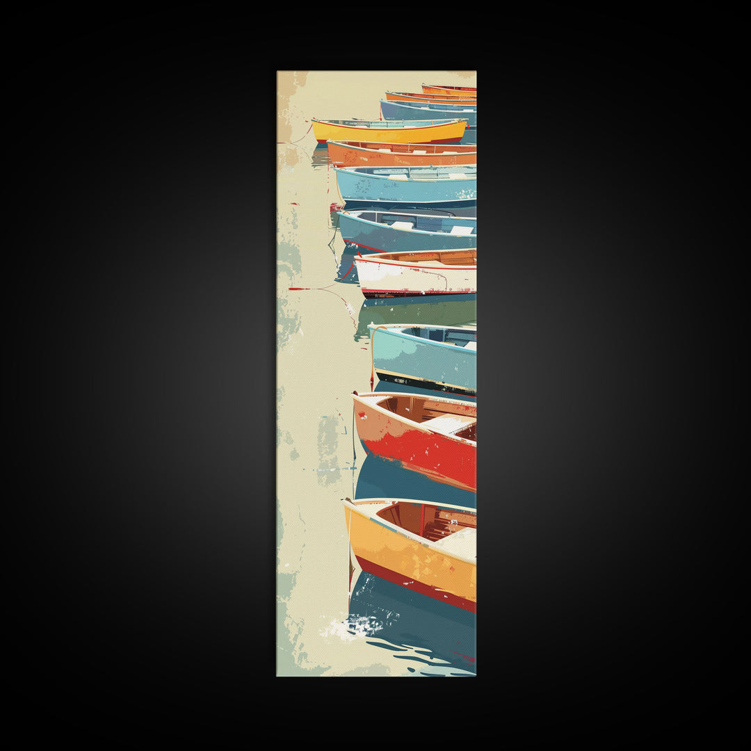 Row of Colorful Boats on Calm Water, Tall Skinny Framed Canvas Print for Nautical-Themed Wall Decor