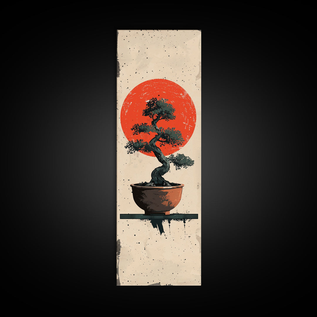 Canvas Print Bonsai Tree Silhouette Against Red Sun, Minimalistic Japanese Style Art For Modern Home, Wall Decoration