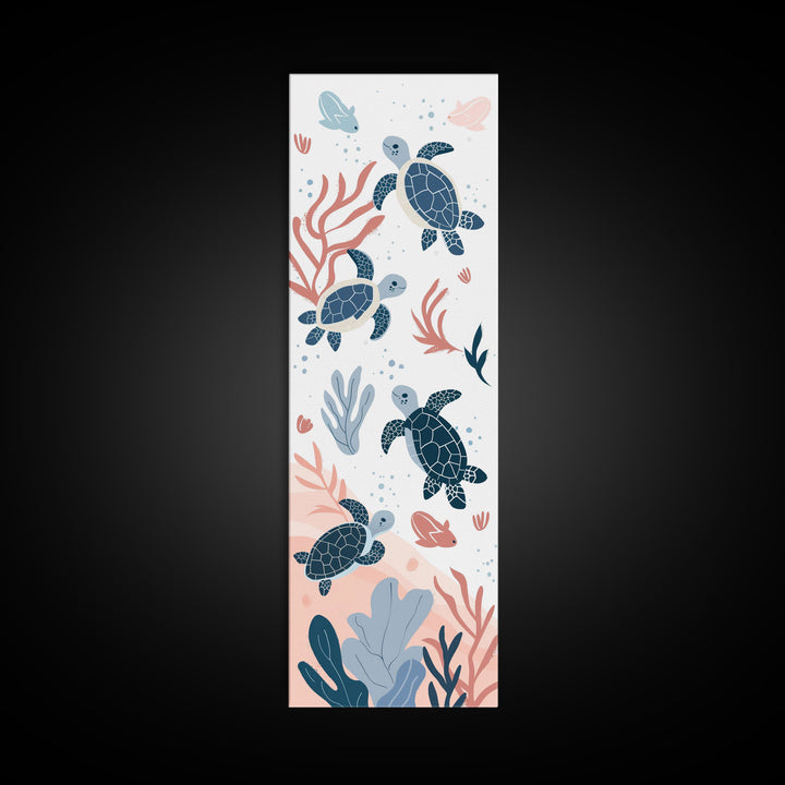 Swimming Sea Turtles with Coral, Tall Framed Canvas Print in Japanese Ukiyo-e Style Wall Art