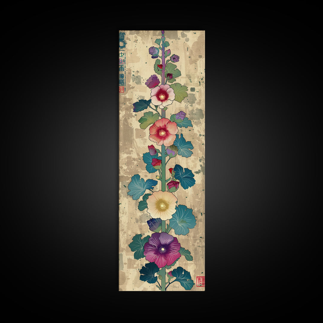 Colorful Hollyhock Flowers Traditional Japanese Woodblock Style Tall Skinny Framed Canvas Print Wall Art