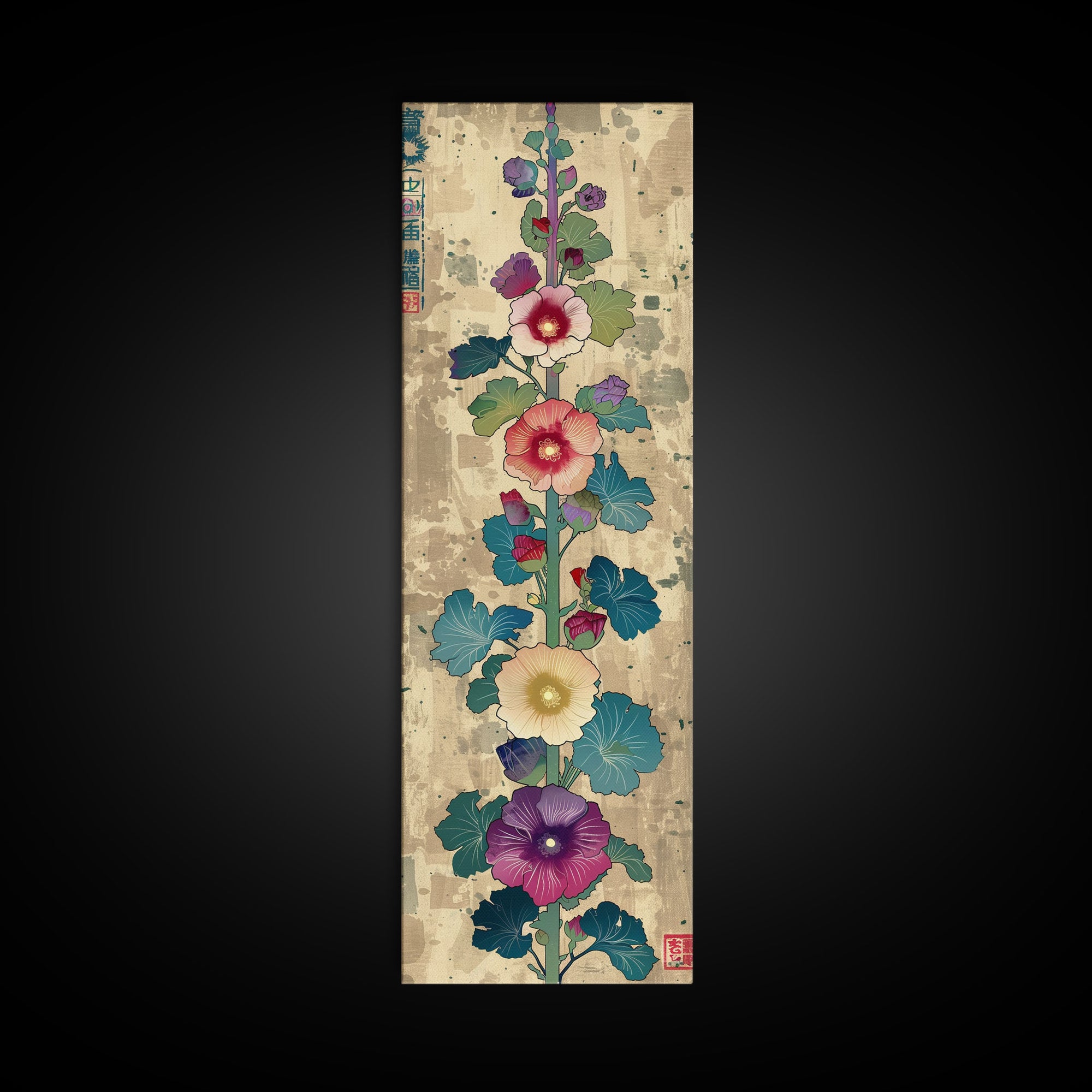 Colorful Hollyhock Flowers Traditional Japanese Woodblock Style Tall Skinny Framed Canvas Print Wall Art