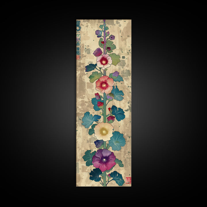Colorful Hollyhock Flowers Traditional Japanese Woodblock Style Tall Skinny Framed Canvas Print Wall Art