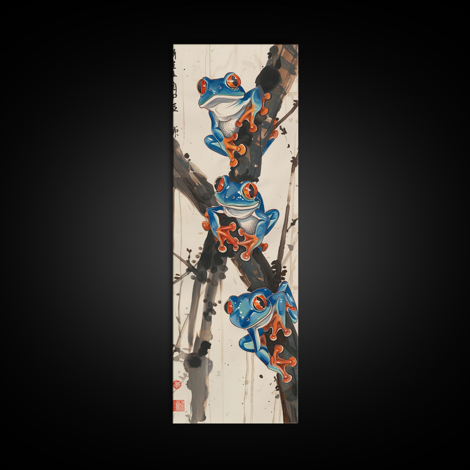 Three Blue Tree Frogs Branches Japanese Tall Wall Art Skinny Framed Canvas Print Ukiyo-e Style