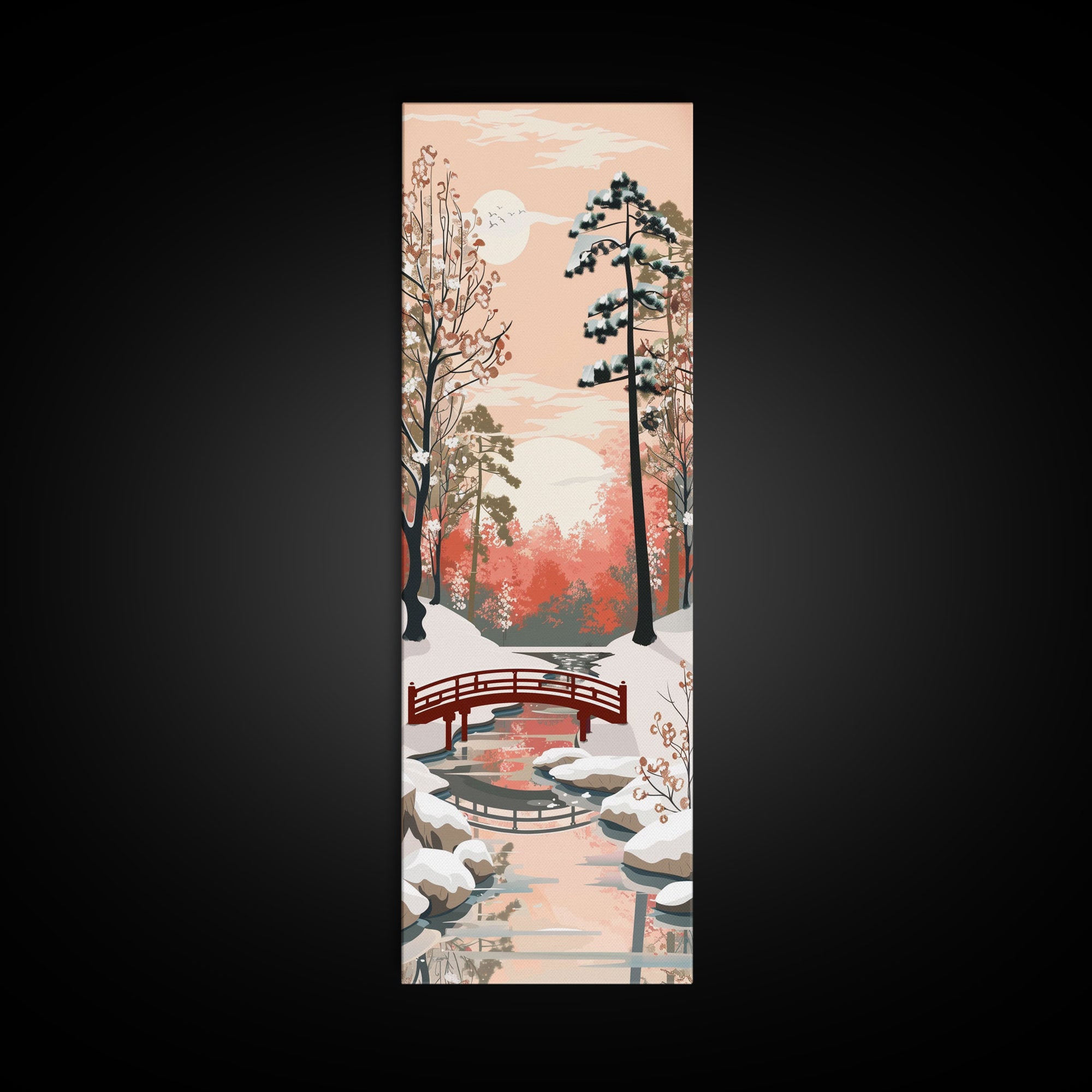 Serene Japanese Winter Landscape Highlighting A Red Bridge Snow-Covered Pines Under A Peaceful Sky Tall Framed Canvas Print Nature Scene