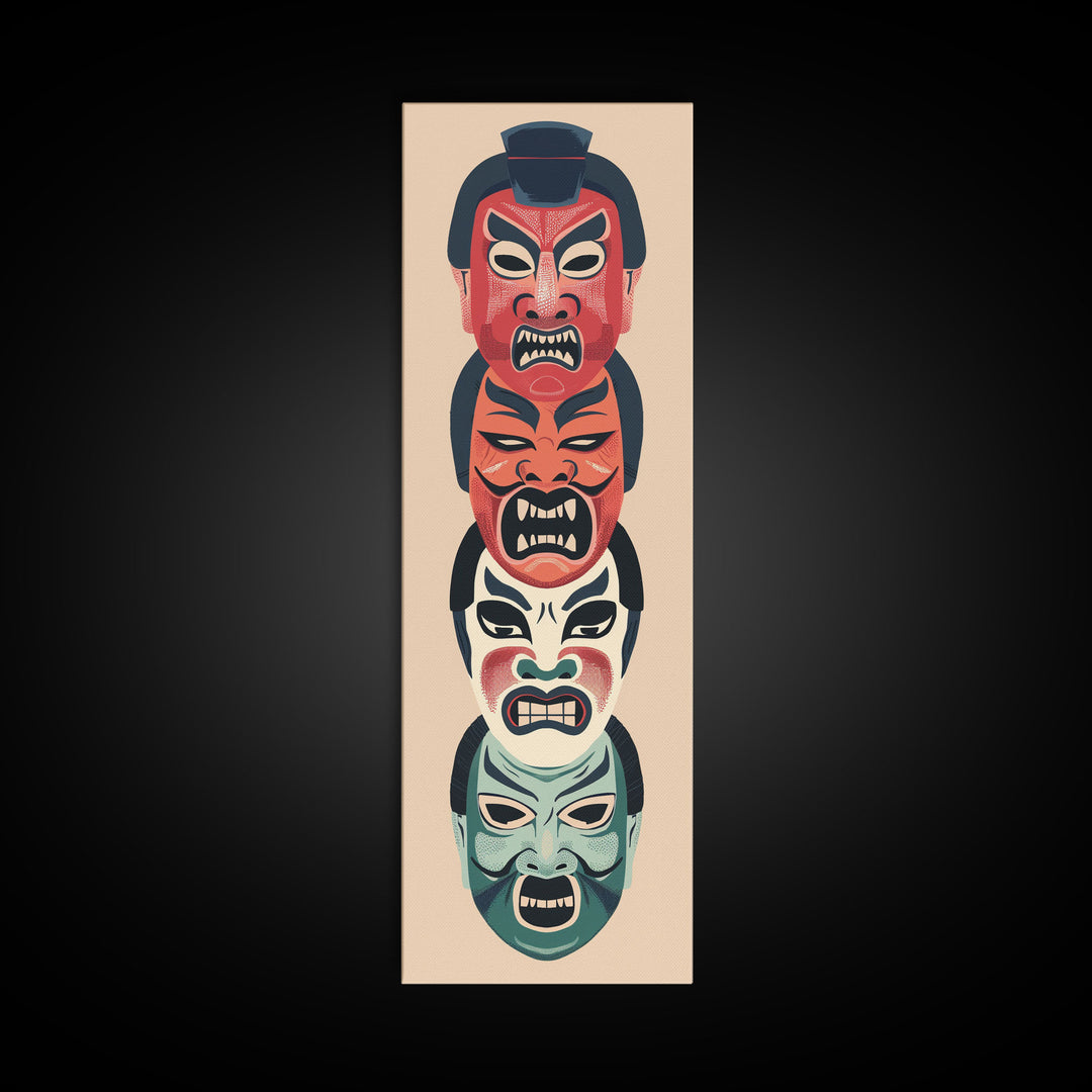 Bold Striking Japanese Kabuki Masks Vibrant Colors Depicted Traditional Style Tall Framed Canvas Print Cultural Home Decor