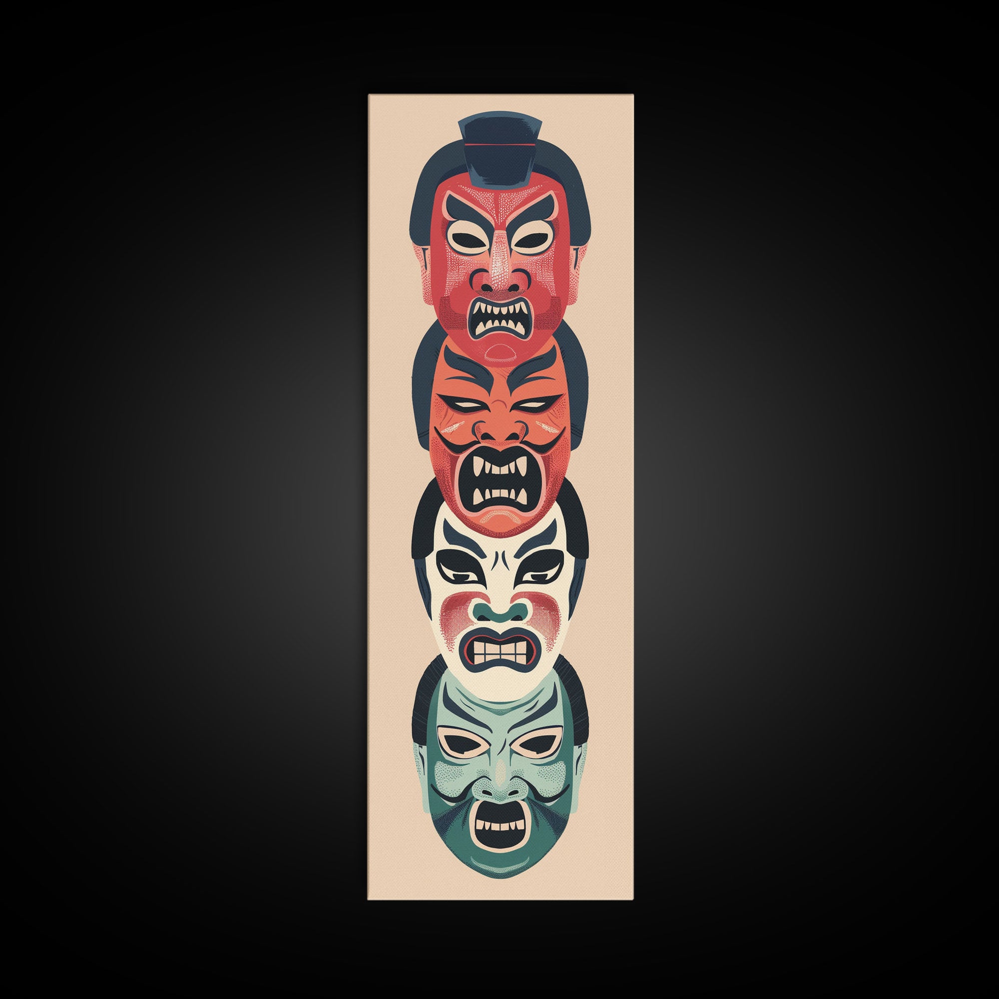 Bold Striking Japanese Kabuki Masks Vibrant Colors Depicted Traditional Style Tall Framed Canvas Print Cultural Home Decor