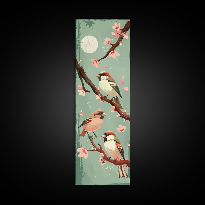 Delicate Sparrows Perched On Cherry Blossoms Under Full Moon Serene Nighttime Setting Captured Tall Framed Canvas Print Nature Scene