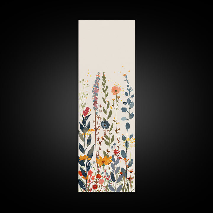 Colorful Wildflowers Whimsical Arrangement Set Against Light Background Tall Framed Canvas Print Brightening Any Space