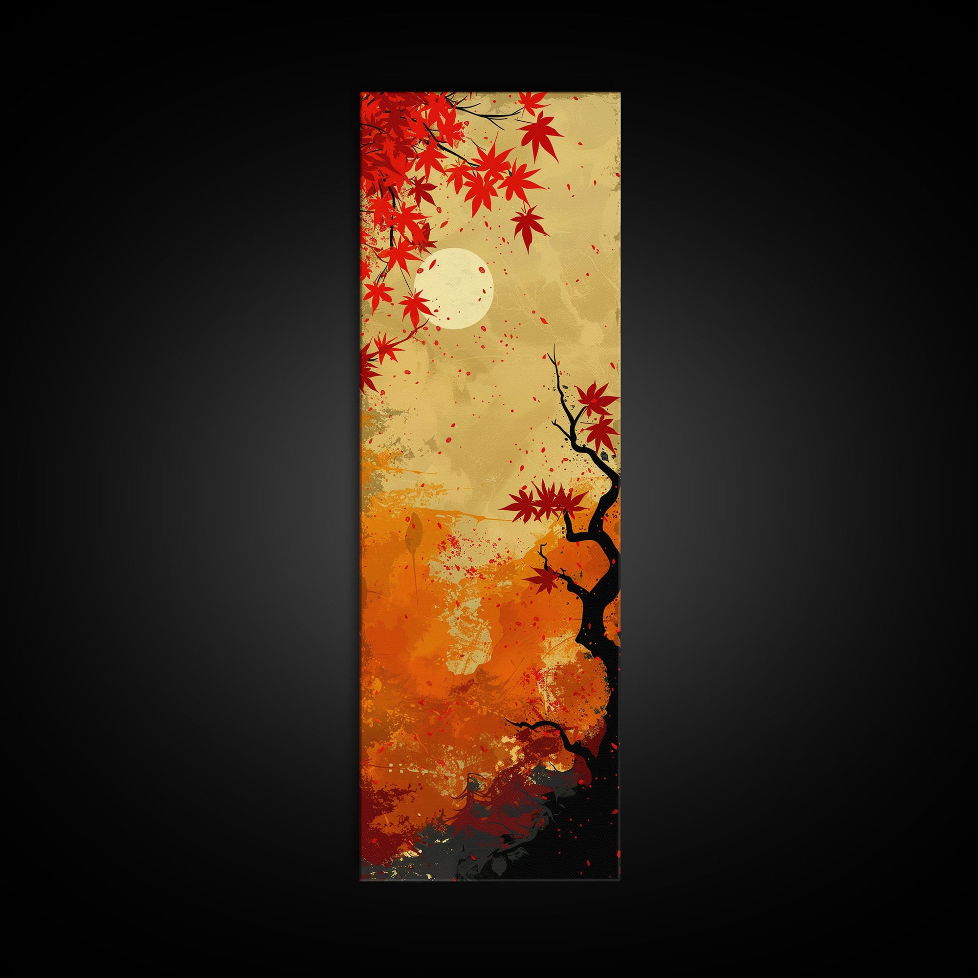 Dramatic Red Autumn Leaves Against Golden Sky Depicted Japanese Style Tall Framed Canvas Print Seasonal Wall Art