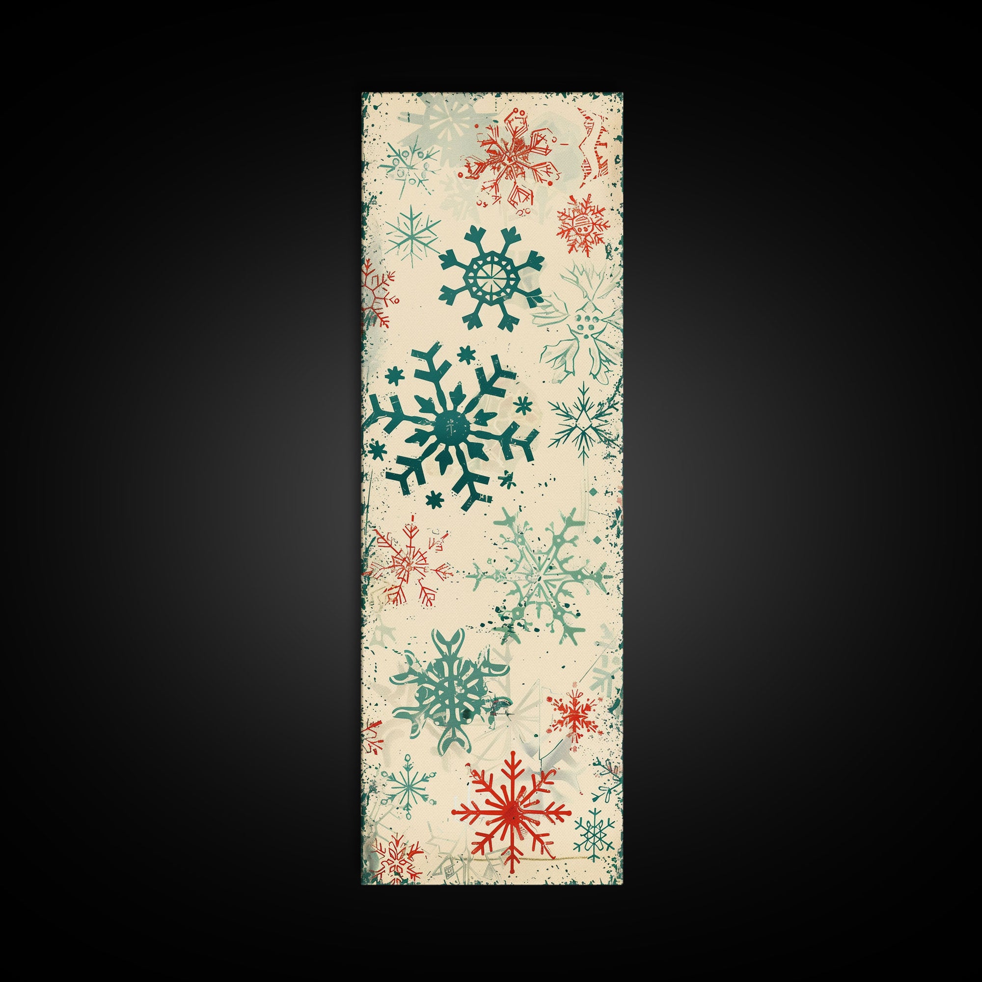 Snowflakes in Varied Sizes and Shapes Scattered on a Beige Canvas with a Distressed Texture Ukiyo-e Art Japanese Framed Canvas Print Skinny Tall Art