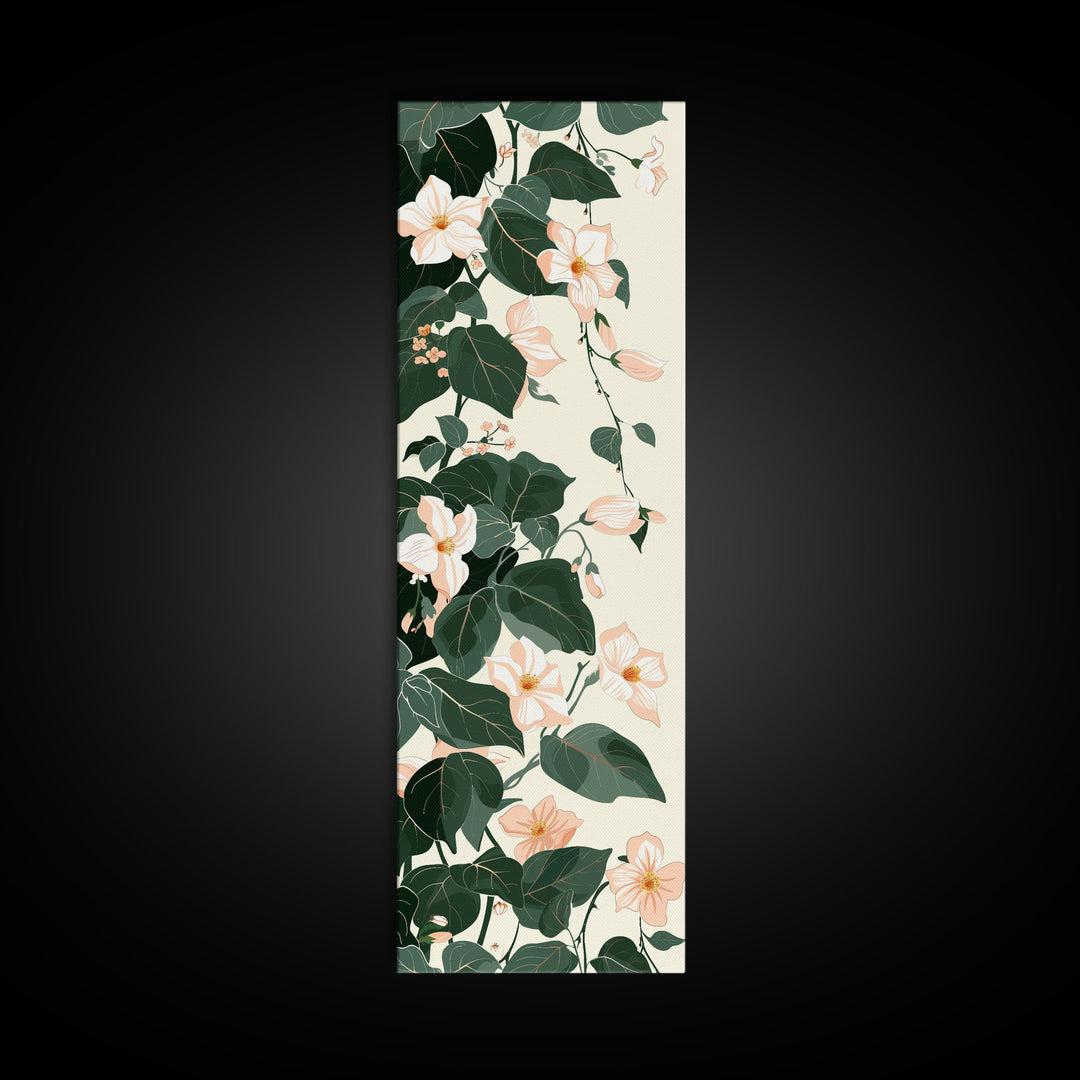 Creamy White Blossoms with Deep Green Leaves Overlapping on a Soft Background Ukiyo-e Art Japanese Framed Canvas Print Skinny Tall Art