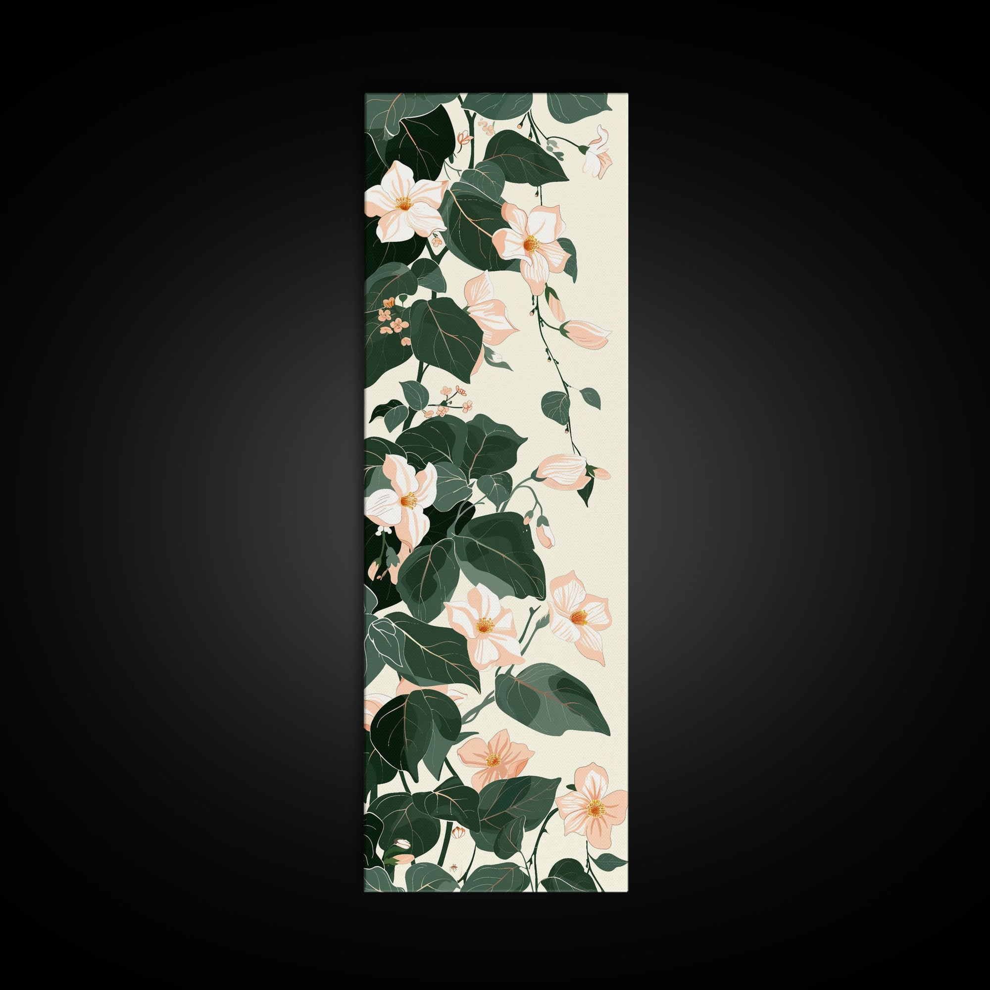 Creamy White Blossoms with Deep Green Leaves Overlapping on a Soft Background Ukiyo-e Art Japanese Framed Canvas Print Skinny Tall Art