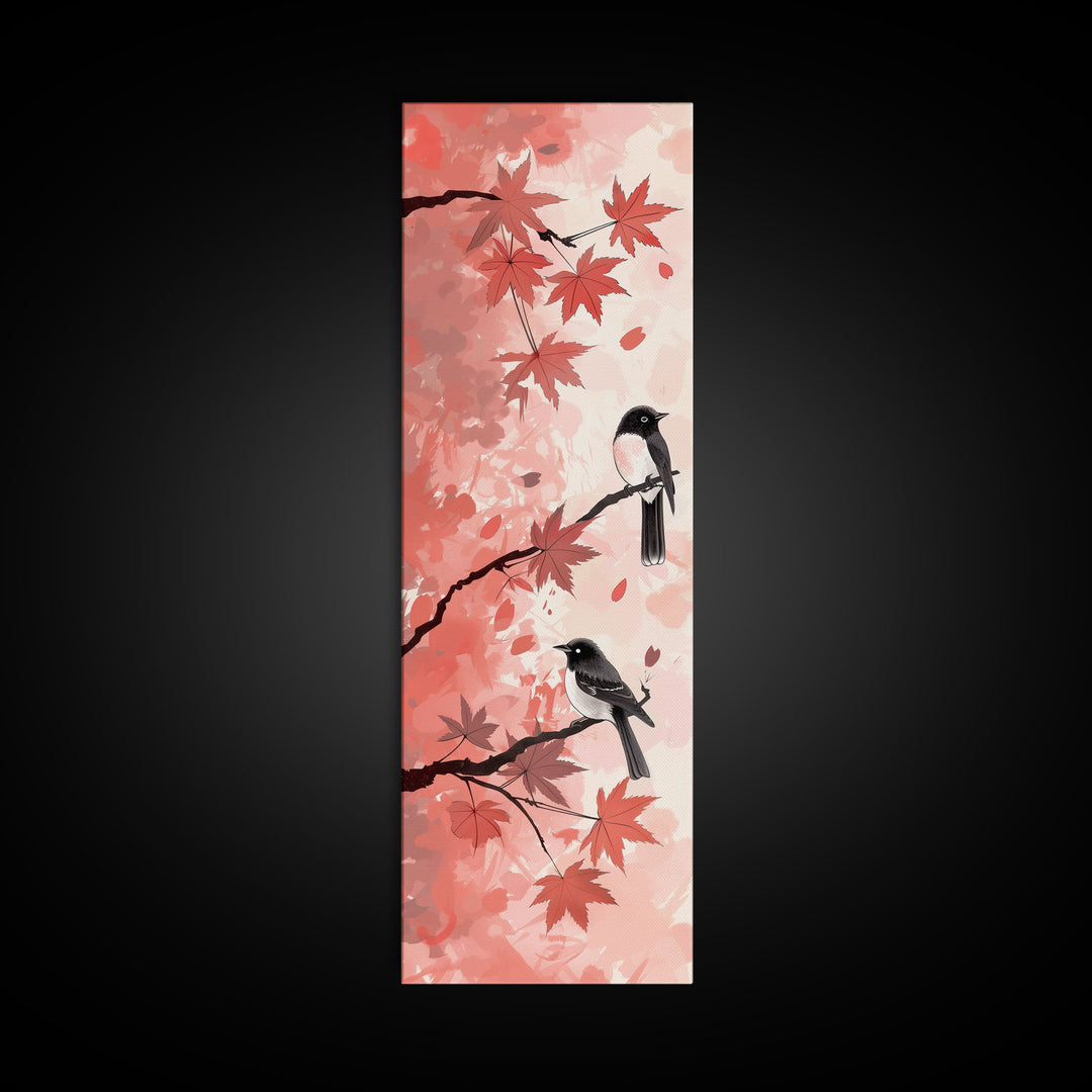 Red and Black Maple Leaves with Birds Perched on Branches Japanese Framed Canvas Print Ukiyo-e Art Skinny Tall Art