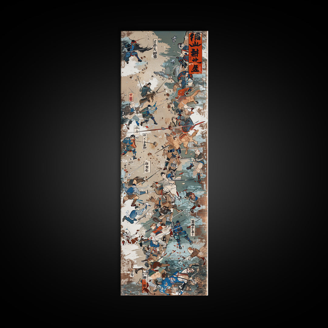 Battle Scene Featuring Warriors in Traditional Japanese Armor Ukiyo-e Art Framed Canvas Print Skinny Tall Art