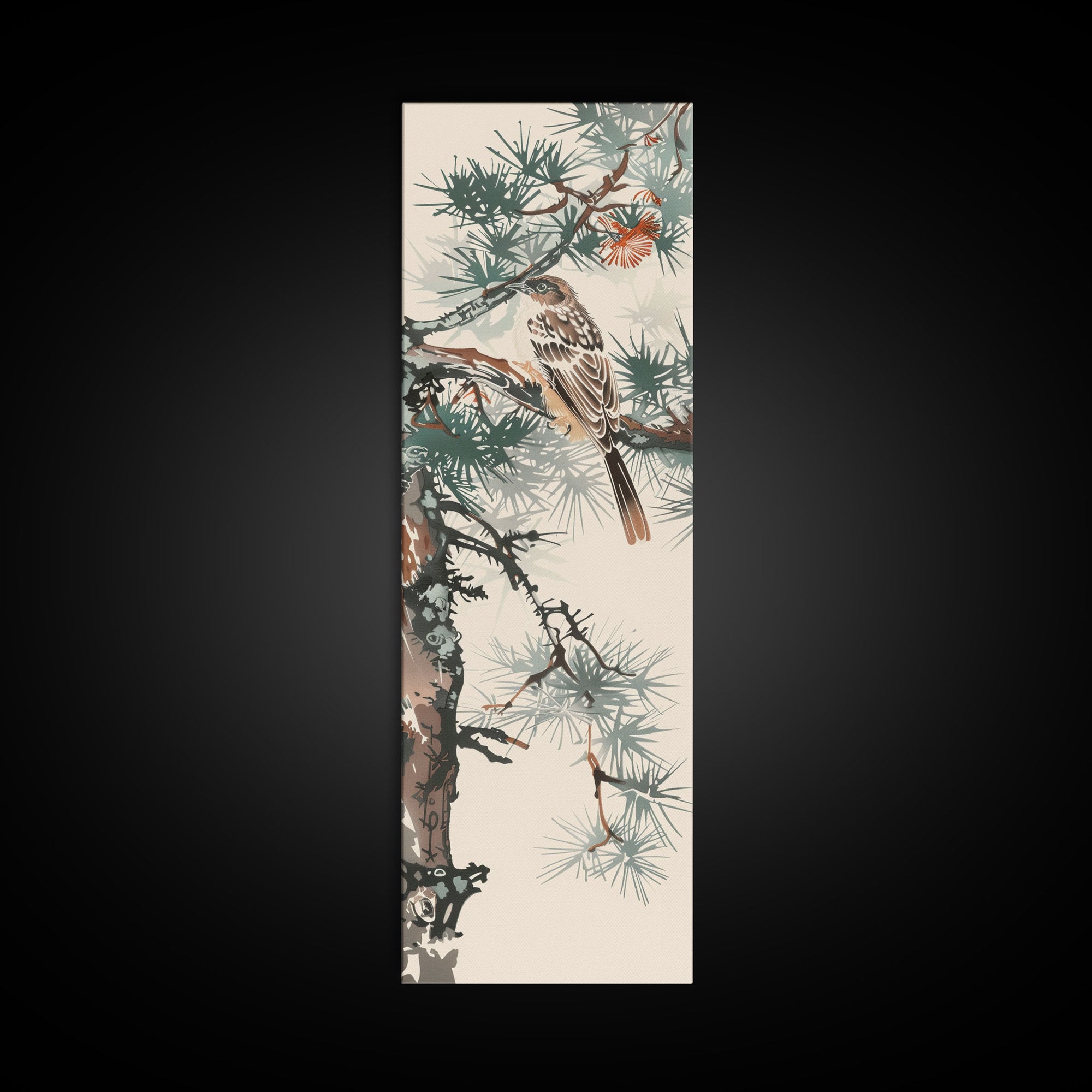 Canvas Print Sparrow Perched On Pine Tree Branch, Subtle And Serene Japanese Nature Scene For Tranquil Home Decor, Wall Decoration