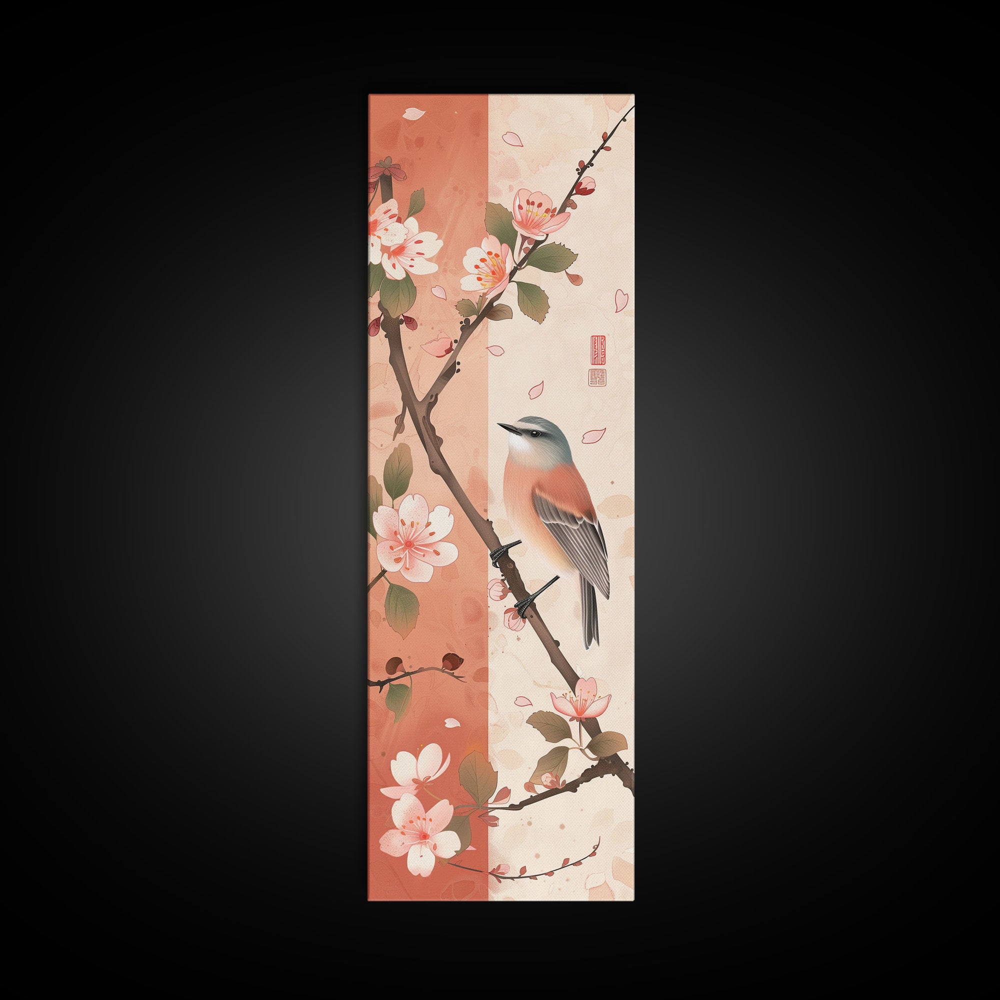 Japanese Bird Art Skinny Wall Art Framed Canvas Print Perched Bird on Branch with Cherry Blossoms and Petals in Soft Pastel Colors