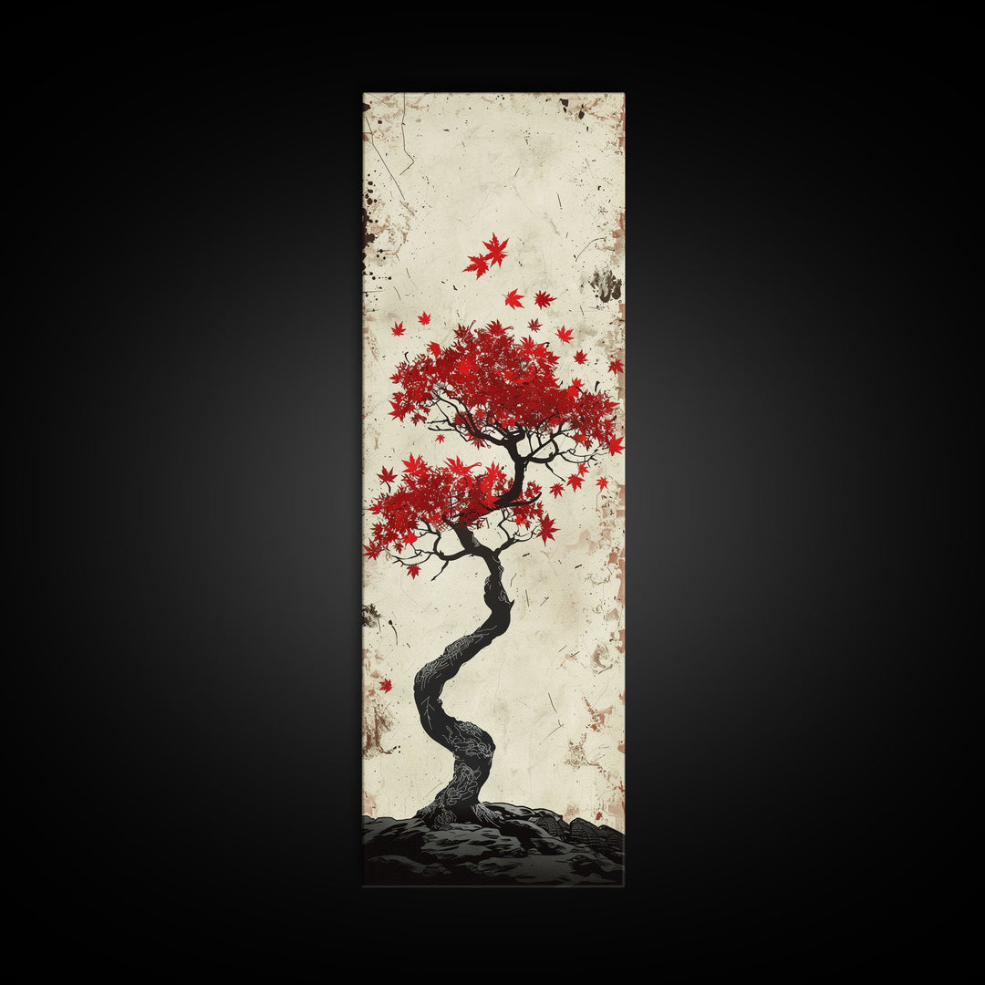 Red Maple Bonsai Tree Japanese Art Skinny Wall Art Framed Canvas Print with Windswept Branches and Red Leaves