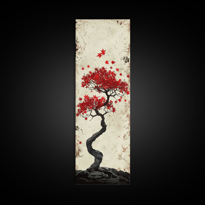 Red Maple Bonsai Tree Japanese Art Skinny Wall Art Framed Canvas Print with Windswept Branches and Red Leaves