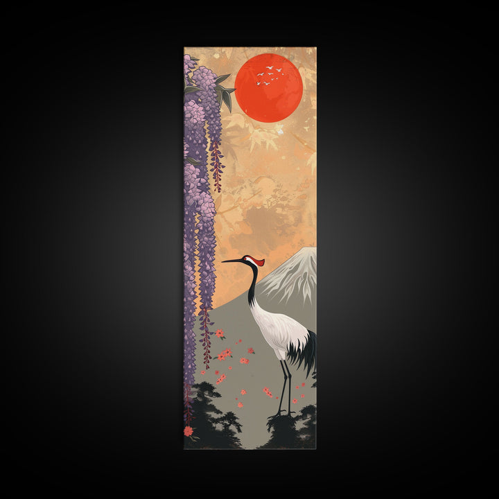 Japanese Crane Skinny Wall Art Framed Canvas Print in a Garden with Wisteria Flowers and Mount Fuji in the Background