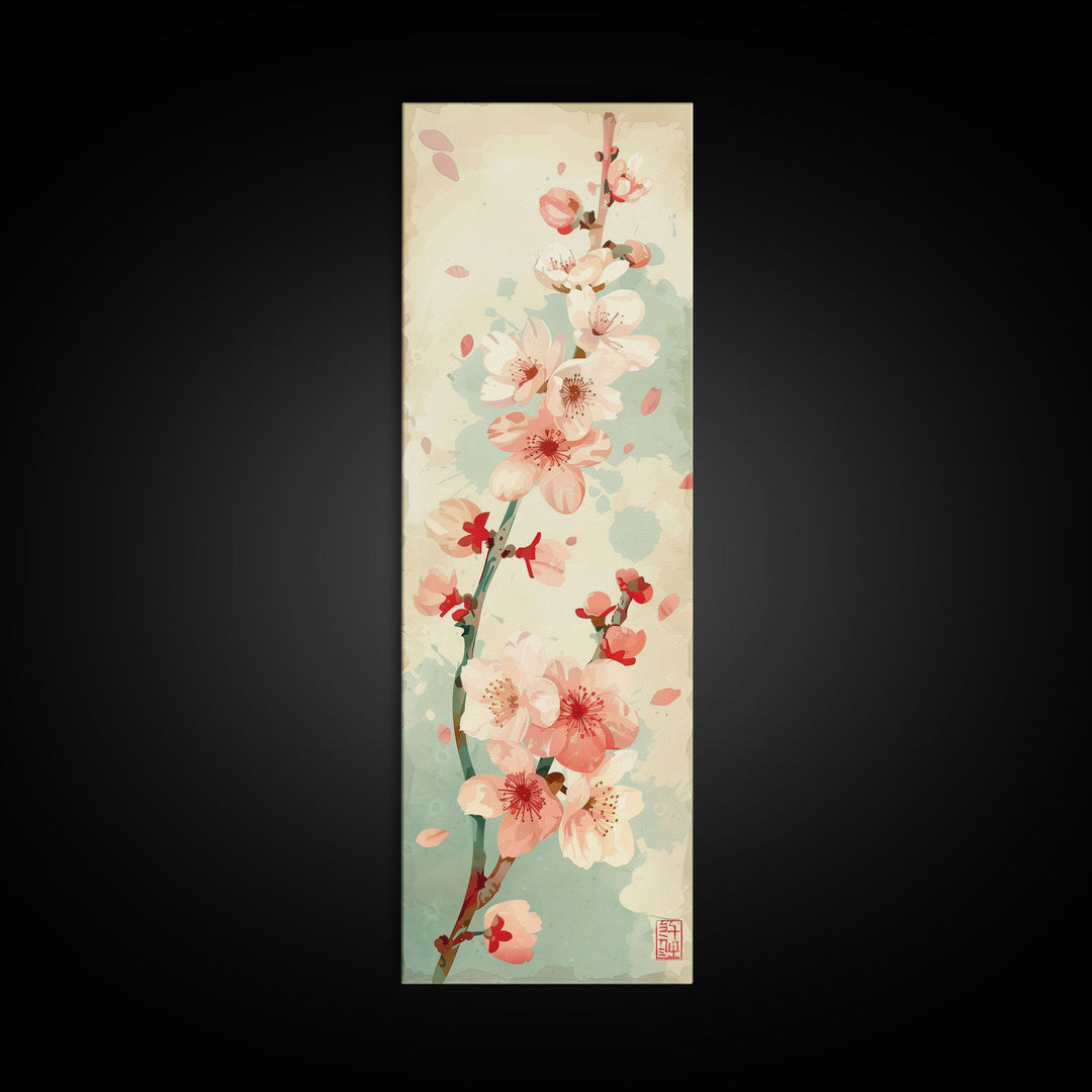 Cherry Blossom Japanese Art Skinny Wall Art Framed Canvas Print in Light Pastel Colors on Branch Against Subtle Green Background