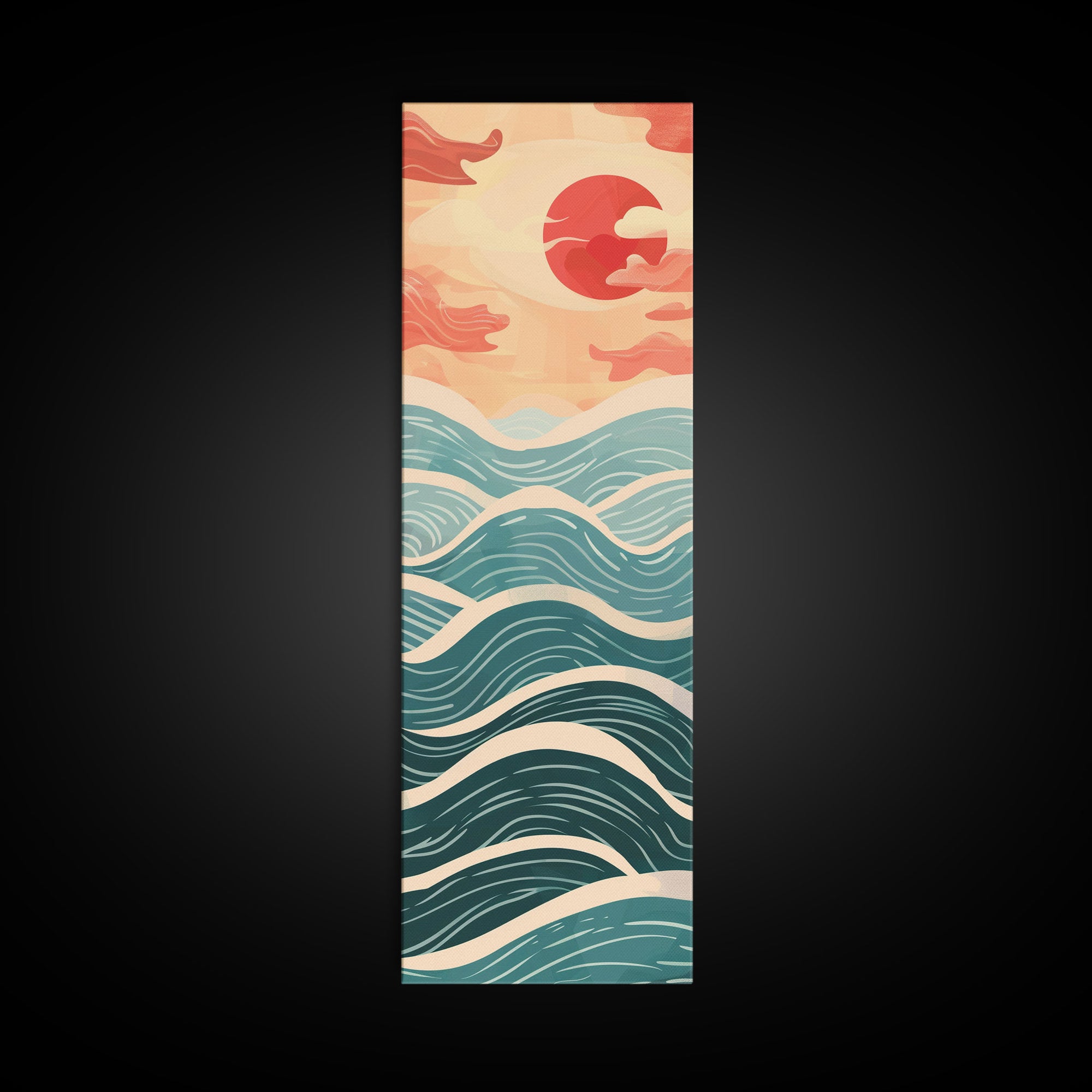 Ocean Waves and Red Sun Japanese Art Skinny Wall Art Framed Canvas Print in Minimalist Style with Dynamic Flowing Waves
