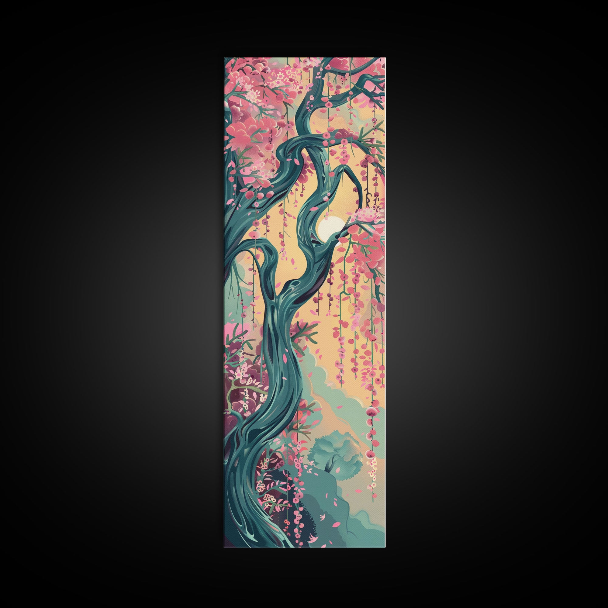 Japanese Garden Tree Skinny Wall Art Framed Canvas Print with Twisting Branches and Pink Blossoms in Warm Sunset Colors