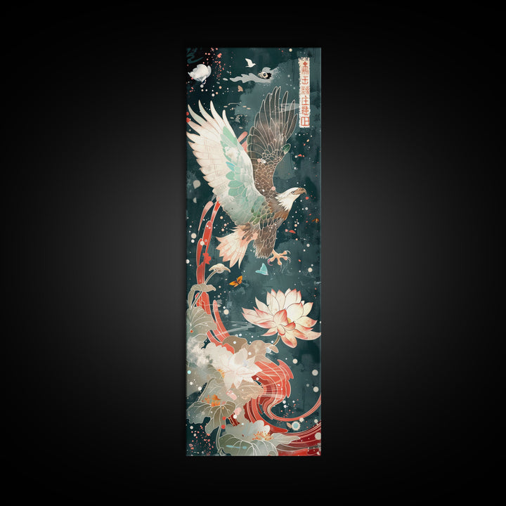 Majestic Eagle Japanese Art Skinny Wall Art Framed Canvas Print Soaring Above Lotus Flowers in Serene Water Scene