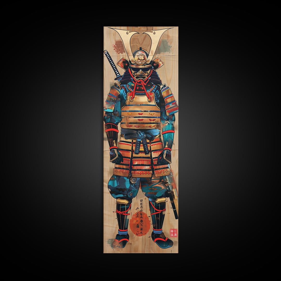 Skinny Art, Tall Art, Samurai Armor Wood Block Print Framed Canvas Print Japanese Style Art Ukiyo-e Art
