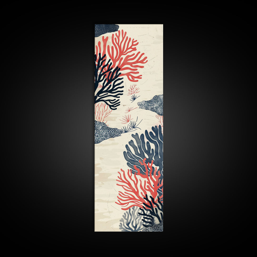 Skinny Art, Tall Art, Japanese Style Art, Coral Reef Wood Block Print Framed Canvas Print Ukiyo-e Art