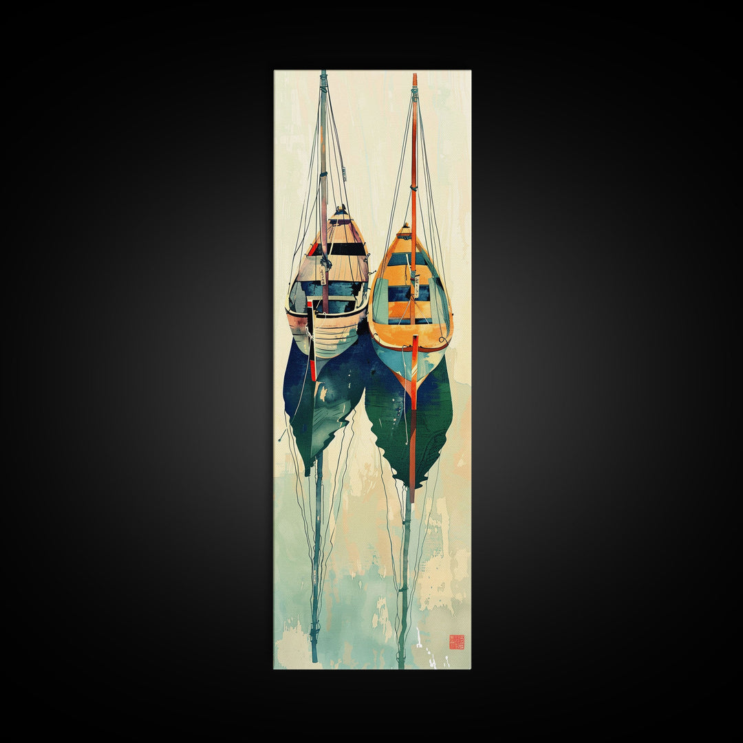 Reflective Calm Sailboats In The Harbor – Framed Canvas Print Featuring Skinny Art With Ukiyo-E Art And Japanese Style Art Tall Art Display