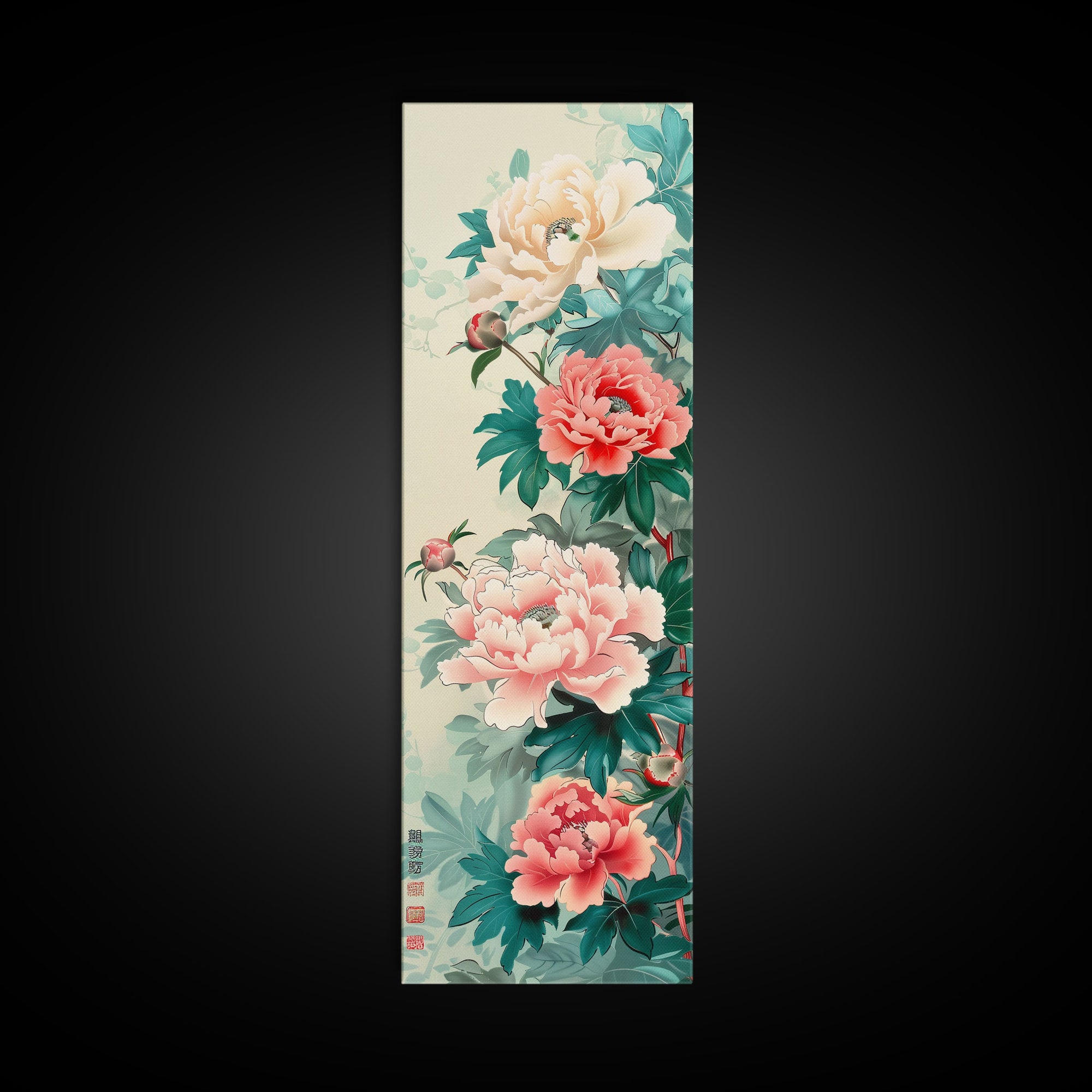 Japanese Style Art, Skinny Art, Tall Art, Peonies In Bloom Wood Block Print Framed Canvas Print Ukiyo-e Art