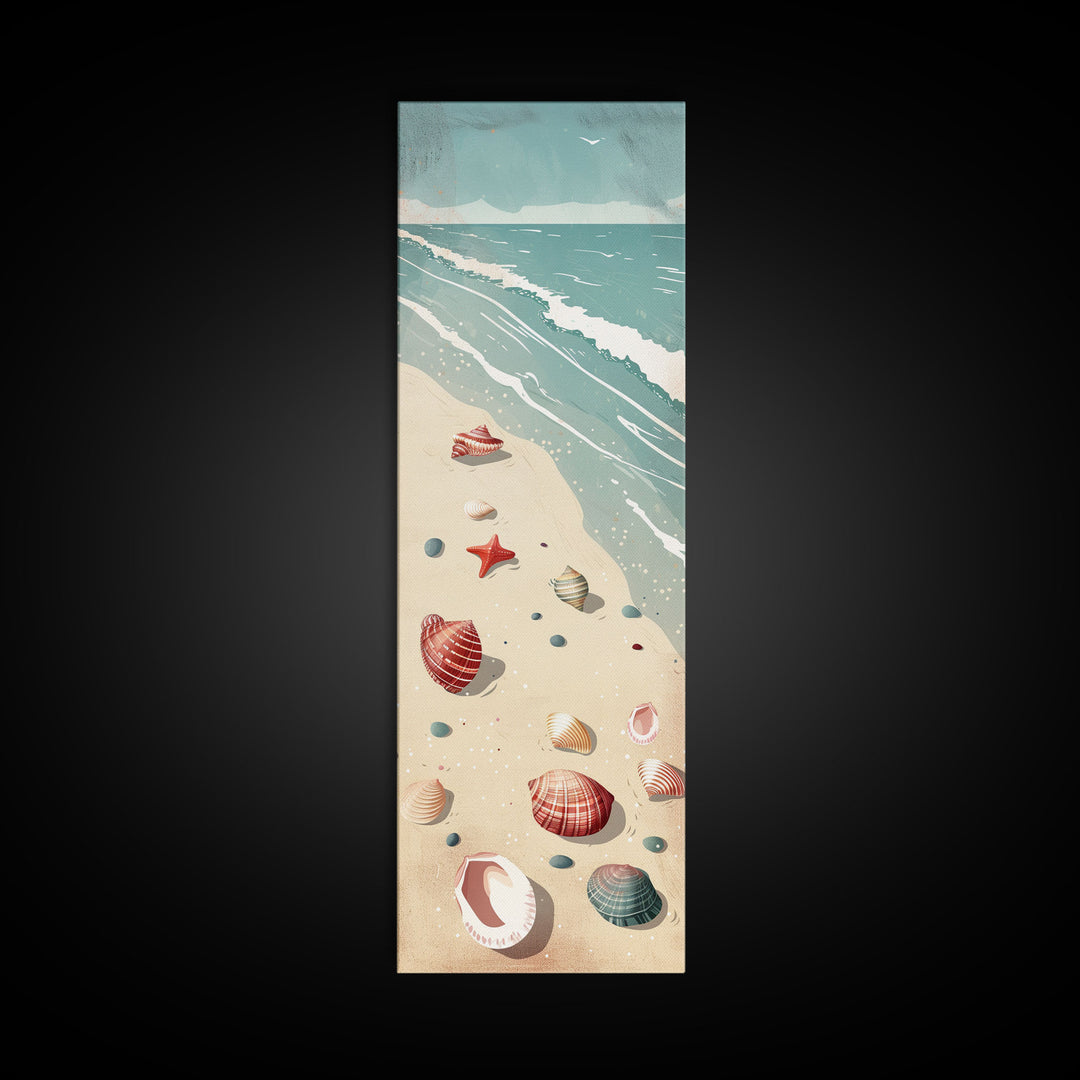 Japanese Style Art Featuring A Serene Beach Scene With Seashells And Gentle Waves, Skinny Art, Tall Art, Ukiyo-e Art, Framed Canvas Print, Wood Block Print